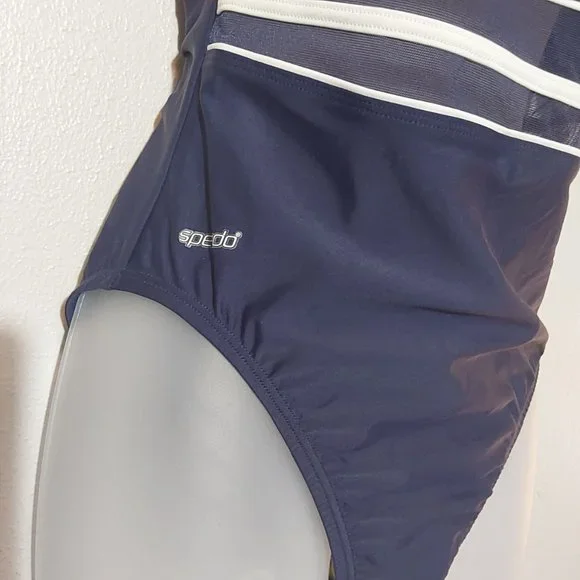 NWT Speedo One-Piece Swimsuit w Sheer Mesh Waist Insert Navy Blue - 12 - Picture 5 of 6